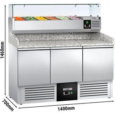 GGM Gastro Pizzakühltisch PREMIUM - 1400x700mm - 3 Türen - inkl. Kühlaufsatzvitrine - 6x GN 1/4 Zilver