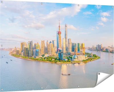 Gards Tuinposter Skyline Shanghai Stad in China - 150x100 cm - Tuindoek - Tuindecoratie - Wanddecoratie buiten - Tuinschilderij
