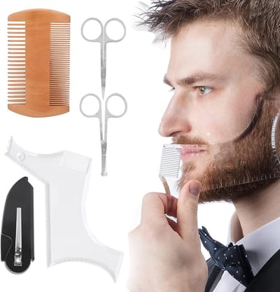 Beard Shaping Tool voor Perfecte Baard en Snor - Transparante Baard Template met Kam en Schaar voor Professionele Baardverzorging en Styling