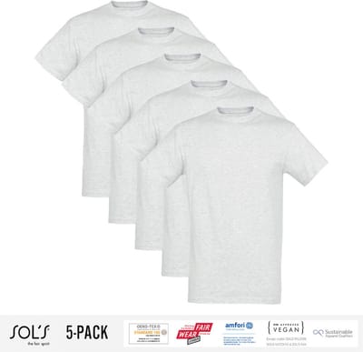 5 Pack Sol's Heren T-Shirt 100% biologisch katoen Ronde hals Ash Grey Maat S