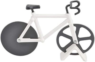 Pizza Snijder in de Vorm van een Fiets - Dubbele RVS Snijwielen met Antiaanbaklaag voor Thuisgebruik, Perfect voor Pizzaliefhebbers - 18.5X11.5CM, Kleur: Wit