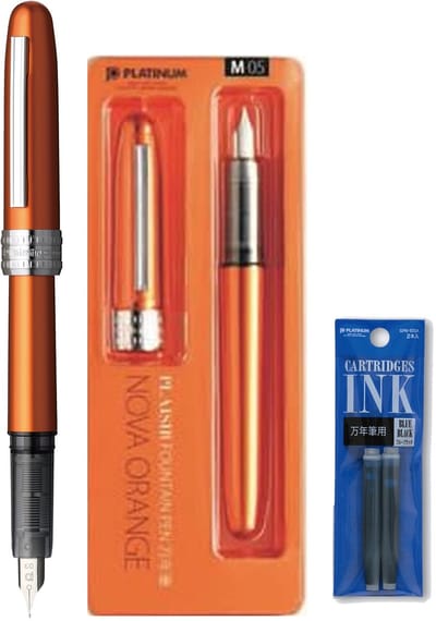 Platinum Japan - Plaisir Fountain Pen - FIJN - Vulpen - Oranje - penpunt: fijn 03 - Met extra navullingen Blauw