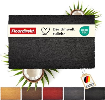 FLOORDIREKT Deurmat Kokos - Voor Binnen en Buiten - Deurmat van Kokos - Vuilvangmat voor Voordeur - Antislip - Voetschraper - Schoonloopmat Naturel - Zwart - 17 mm - 40 x 60 cm