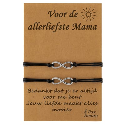 Moeder Kind Armbandjes voor 2 "Voor de Allerliefste Mama" - Oneindigheidsteken - Vriendschapsarmbandjes met Persoonlijk Cadeau Kaartje - Zilverkleurig - Elastisch Verstelbaar - Pax Amare