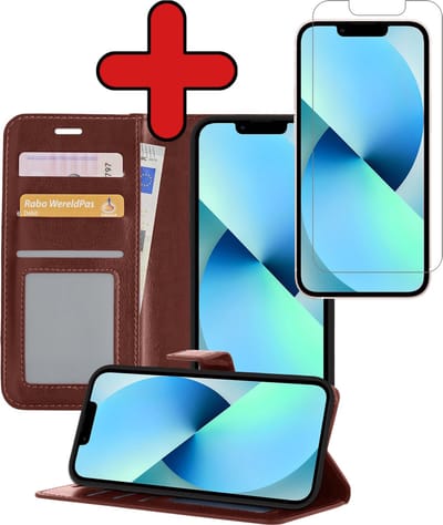 Hoesje - Met Screenprotector - Geschikt voor Apple iPhone 13 - Luxe Pasjeshouder - Flipcase - Bookcase Portemonee - Flip Case - Kunstleer Book Case - Book Cover - Walletcase - Portemonneehoes - Telefoonhoes - Bruin