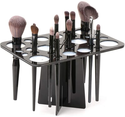 Droogrek voor make-upkwasten van acryl, kwastendroger, opvouwbare standaard/ladeondersteuning voor display, geschikt voor visagisten, nagelkwasten, verfkwasten en make-upliefhebbers. 26 sleuven, zwart, unisex.
