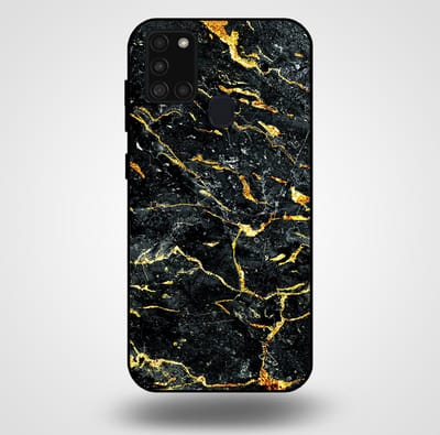 Smartphonica Telefoonhoesje voor Samsung Galaxy A21s met marmer opdruk - TPU backcover case marble design - Goud Zwart geschikt voor Samsung Galaxy A21s