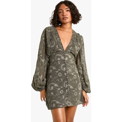 boohoo Dames Lange Paisley Burnout Mini Jurk met Volume Mouwen | Olijf | Maat: 36