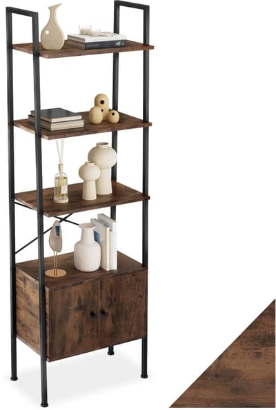 tectake® Ladderrek met 4 Niveaus en Kast - Industrieel Design - Staande kast voor Woonkamer - Kantoor - Boekenrek - Wandrek - Opbergrek - Metalen Frame - (Industrieel Donkerbruin - 57,5 x 34 x 173 cm)