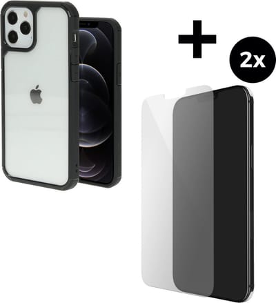 Mobiparts Rugged Clear Case hoesje geschikt voor Apple iPhone 12 met 2 Screenprotectors van Gehard Glas - Zwart/Transparent