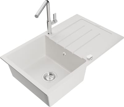 Mexen Bruno granieten gootsteen 1-kamer met afdruiprek en keukenmengkraan Flora, wit - 6513-20-670401-00