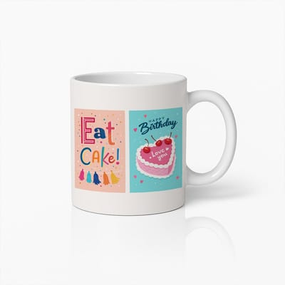 Verjaardag Koffiemok 330ml – "Eat Cake & Happy Birthday" – Kleurrijke Feest Mok, Perfect Cadeau voor Vrienden & Familie