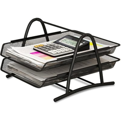 Plateau à documents de bureau, support en maille, support d'étagère à lettres en papier, métal noir pour l'étude à domicile et l'école 2 Layer 30.5x23x23cm black