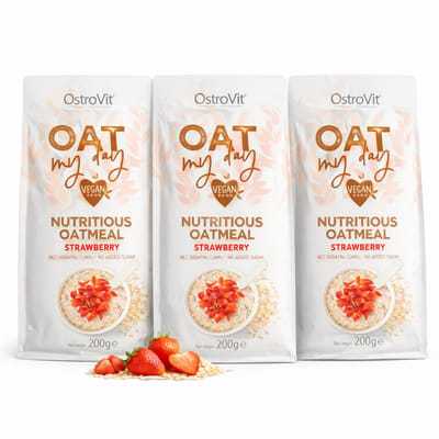 OstroVit Oat My Day Strawberry 3-Pack – 3 x 200g Havermoutmix | Instant Aardbei Havermout 8 + 4 porties = 12 porties