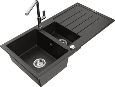 Mexen Andres granieten spoelbak 1,5-komers met afdruipplaat en keukenmengkraan Flora, zwart/goud metallic - 6515-75-670401-00