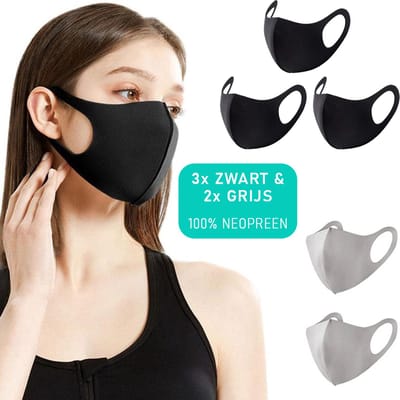 VITAMO Mondkapjes 5 Stuks - Wasbaar en Herbruikbaar Mondkapje - Ice Silk Cotton - Neopreen - Niet-Medische Mondmaskers - Noodpakket - Zwart & Grijs