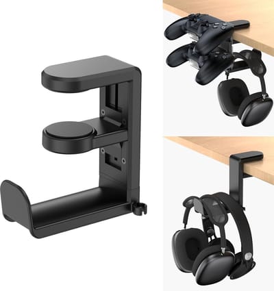 Draaibare hoofdtelefoonstandaard - Hoofdtelefoonhaak - Hoofdtelefoonstandaard voor pc-gaming - Verstelbare clip-on bureauhouder - 360 graden draaibaar - Kabelclip voor opbergen - Zwart
