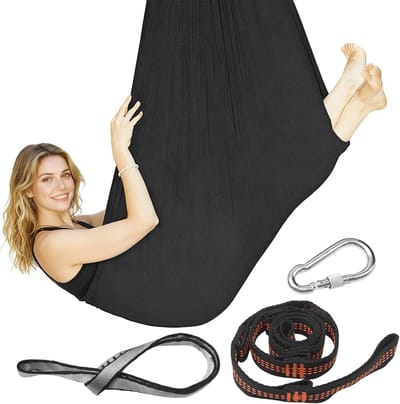 Zwarte yoga-hangmat 280 × 150 cm met accessoires, ideaal voor thuisfitness en yogastudio's, veelzijdig trainingsapparaat voor ontspanning en krachttraining