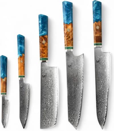 KAAMUT® 5-delige Messenset 67 Lagen Damascusstaal – Vlijmscherp – Professionele Koksmessen – Handvat van Saffierblauwe Epoxy & Eikenhout