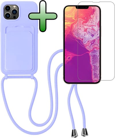 Hoes Geschikt voor iPhone 13 Pro Hoesje Pas Houder Case Hoes Met Koord Met Screenprotector - Hoesje Geschikt voor iPhone 13 Pro Hoes Met Telefoonkoord Pasjeshouder Cover - Lila
