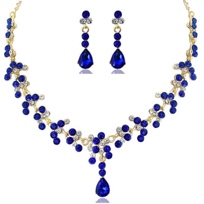 Kristallen Bruids Trouw Sieradensets Vrouwen Goudkleur Strass Ketting Lange Oorbellen Set Jurk Accessoires Bruidsmeisje blue