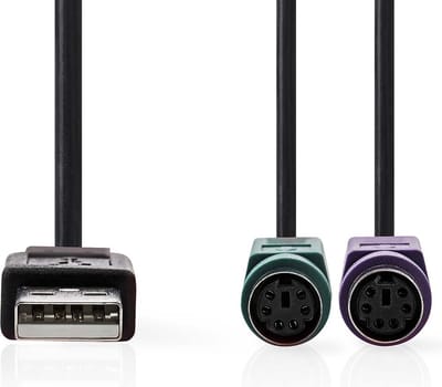 Nedis 2-in-1-Kabel - USB 2.0 - USB-A Male - 2x PS/2 Female - 480 Mbps - 0.30 m - Vernikkeld - Rond - PVC - Zwart - Doos