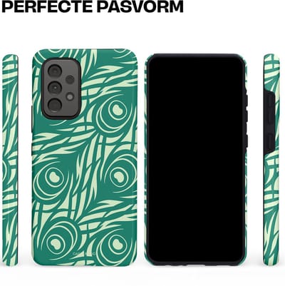 Casetastic hoesje geschikt voor Samsung Galaxy A52 (2021) 5G / Samsung Galaxy A52 (2021) 4G - Dubbellaagse bescherming - Troste Turquoise Pauw Veren - Fashion Case - Turquoise Mintgroen Crème