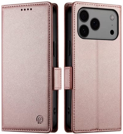 Lunso Geschikt voor iPhone 17 Pro Max hoesje - PU leren Bookcase met ruimte voor pasjes - Rose Goud