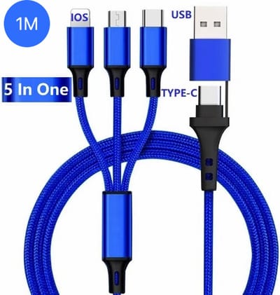 Femur 5-in-1 oplaadkabel – 1 Meter - USB-A en C naar Lightning – USB-A en C naar USB-C – USB-A en C naar Micro USB – IPhone - Universeel – Flexibel - Extra Stevig - Blauw