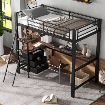 MODENUIT Hoogslaper 90x200 cm – Schuin geplaatste 4-tredenladder – Bureau van 200 cm met 3 lades – Zonder matras – Zwart