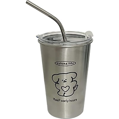 Roestvrijstalen Koude Beker 500ml met Deksel en Metalen Rietjes Iced Coffee Reisbeker voor Koffie Water gray