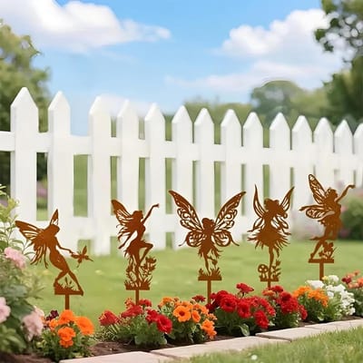 Tuinsteker Roestdecoratie - Elfen Vlinders Mieren - Tuin Decoratie - Set van 5 stuks - 20x13x20 cm - Roestkleur