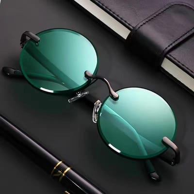 Duurzaam Hoge Kwaliteit Retro Stijlvol Trendy High-End Randloos Rond Vormig Donkergroene Glazen Mannen Vrouwen Zonnebrillen black