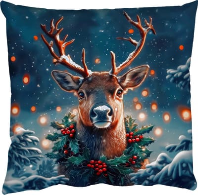 Sierkussens - Kussentjes Woonkamer - 50x50 cm - Hert - Kerst - Winter - Sneeuw - Kerstkrans - Kerstdecoratie voor binnen - Kerstversiering woonkamer decoratie - Kerstmis versiering in huis - Christmas decorations - Kerstaccessoires