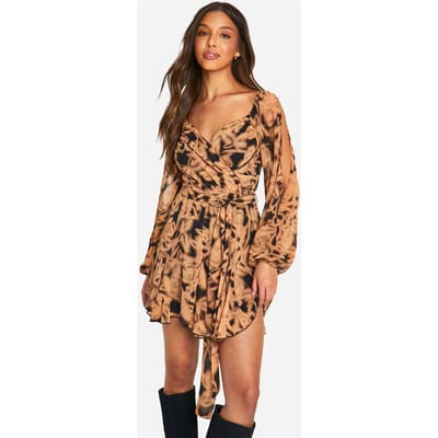 boohoo Dames Floral Chiffon Lace Back Puff Sleeve Wrap Skater Dress | Zwart | Maat: 36