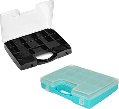 Forte Plastics - 2x opberg vakjesdoos/Sorteerboxen - 13-vaks kunststof - 27 x 20 x 3 cm - zwart en blauw