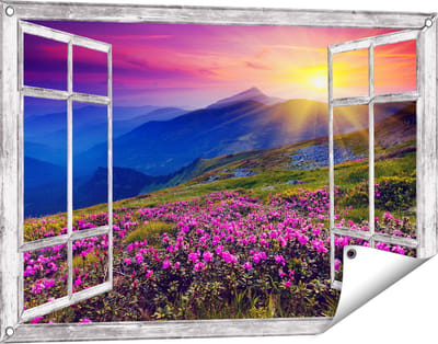 Gards Tuinposter Doorkijk Roze Rhododendron Bloemenveld - Bergen - 90x60 cm - Tuindoek - Tuindecoratie - Wanddecoratie buiten - Tuinschilderij