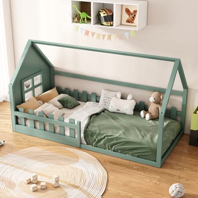 DESMIU Kinderbed 90x200 cm – Huisvormig Laag Bed Met Lattenbodem – Speels Ontwerp Voor Kinderkamer – Houten Frame – Zonder Matras – Groen