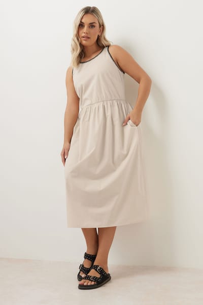 Yours Midi Jurk Met Contrasterende Stiksels En Zakken In Beige Size 50-52