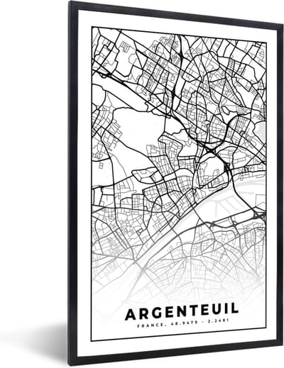 Fotolijst incl. Poster Zwart Wit- Stadskaart - Plattegrond - Argenteuil - Kaart - Frankrijk - Zwart wit - 40x60 cm - Posterlijst