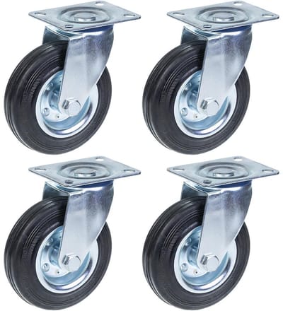125 mm (5 inch) rubberen zwenkwiel, draaibaar, draagvermogen 480 kg, set van 4