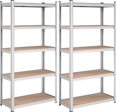 SONGMICS Heavy-duty planken, set van 2, kelderplanken, opbergplanken, 40 x 90 x 180 cm, planken met stalen frame, elk belastbaar tot 875 kg, 5 verstelbare planken, zilver