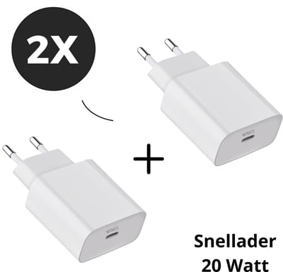 2x USB C adapter - 20W USB C snellader - Set van 2 - geschikt voor Apple iPhone en Samsung - wit - WiseQ
