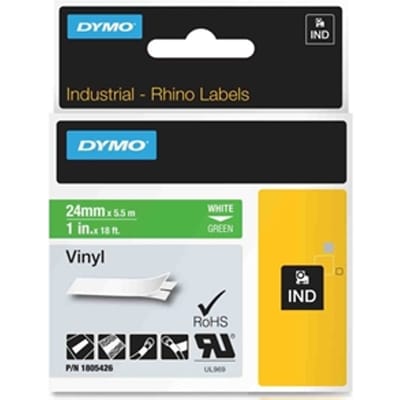 DYMO 1805426 IND Rhino tape vinyl wit op groen 24mm (origineel)