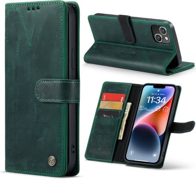 Casemania Echt Leren Hoesje Geschikt voor Apple iPhone 14 Plus - Groen - Leer Wallet Hoes - Portemonnee Book Cover met Pasjeshouder