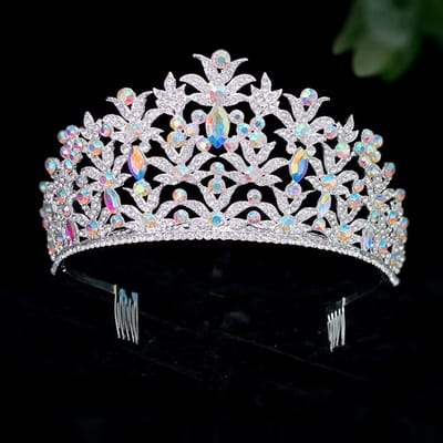 Nouvelle Couronne de Mariée Bandeau Argent AB Ruban Grande Couronne Cristal Diamant d'Eau Exquis et Luxueux Accessoires de Mariée white