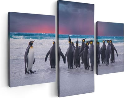 Artaza Canvas Schilderij Drieluik Groep Pinguïns bij het Water - Kudde - 90x60 - Foto Op Canvas - Canvas Print