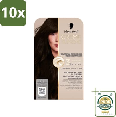 10 x Schwarzkopf - Haarkleuring - Creme Supreme 3-0 - Natuurlijk Extra Donkerbruin - 245g - Grootverpakking - Haarkleuring - Permanent Haarkleur - Donkerbruin Kleur - Haarverf - Haarverf 3-0