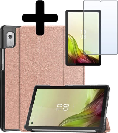 Hoes - Geschikt voor Lenovo Tab M9 - Met Screenprotector - Trifold Bookcase - Hard Cover - Hardcover Book Case - Tablet Hoesje - Rosé goud