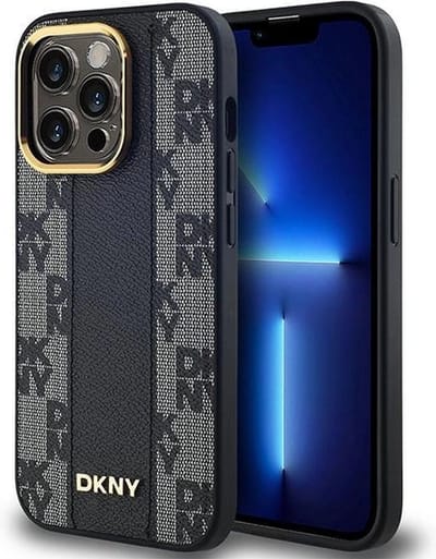 DKNY Leren MagSafe-hoesje met geruit monopatroon voor iPhone 13 Pro / 13 - Zwart